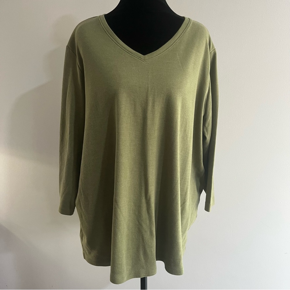 Kim Rogers Olive Green V-Neck 3/4 Sleeve Cotton Women's Plus Top Shirt Blouse